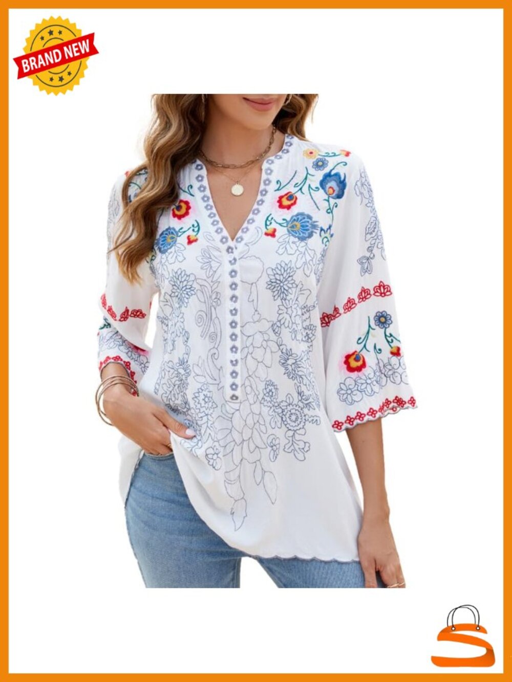 Cotton Rayon Embroidered 3/4 Sleeve V Neck Tunic Blouse Boho Peasant Top